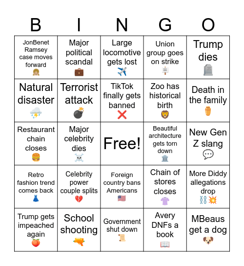 ~2025 Events~ Bingo Card