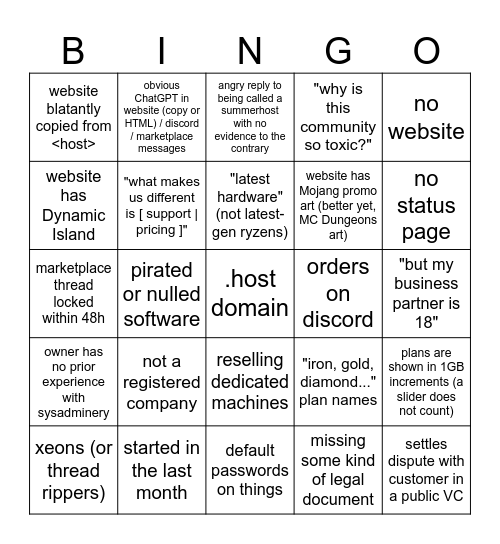 Admincraft Marketplace Bingo Card