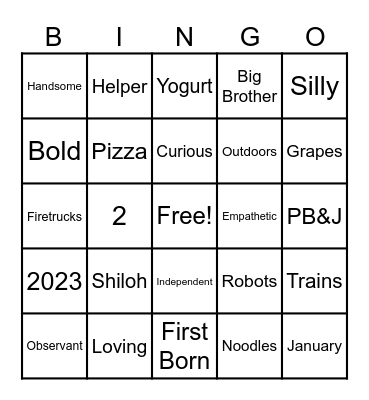 Shiloh's 2nd Birthday BINGO Card