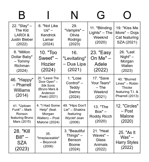 Top 50 2000-2024 Bingo Card