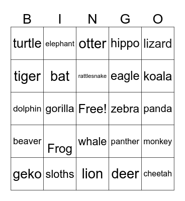 Animal Bingo Card