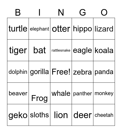 Animal Bingo Card