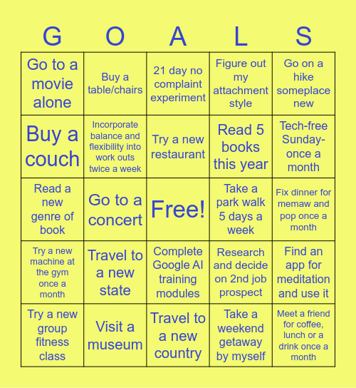 2025 Vision Goals Bingo Card