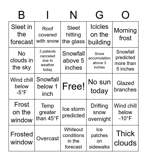 January Weather Bingo Card