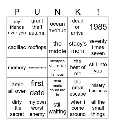 Early Pop Punk Bingo Card