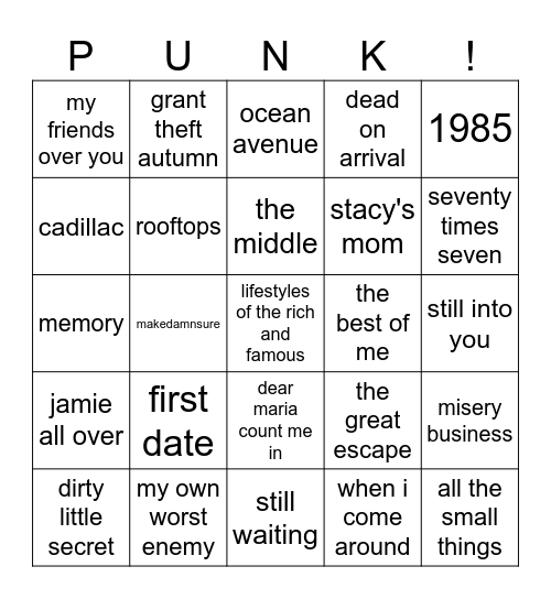 Early Pop Punk Bingo Card