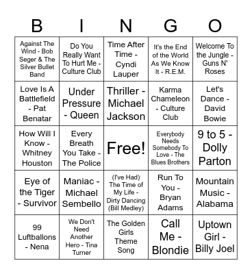 80's Music Bingo Card