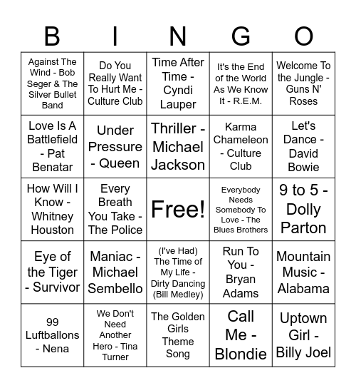 80's Music Bingo Card
