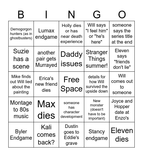 Stranger Things 5 Bingo Card