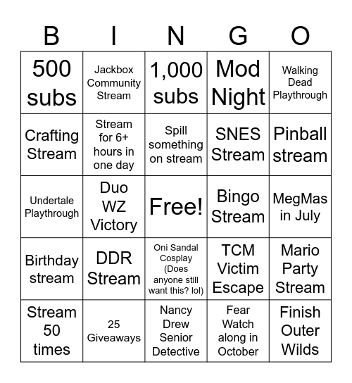 Stream Bingo Card