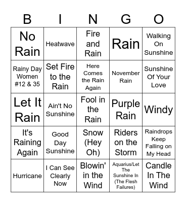 "Weather Songs" Bingo Card
