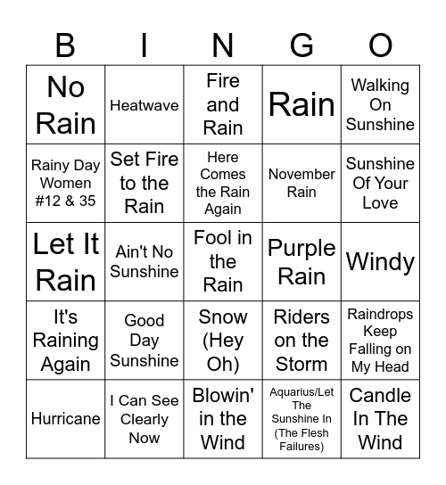 "Weather Songs" Bingo Card