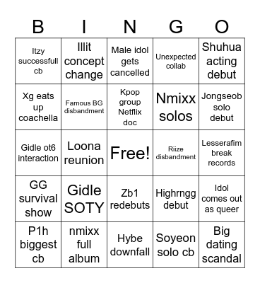 Kpop 2025 Bingo Card