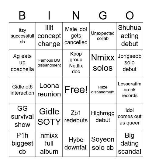 Kpop 2025 Bingo Card