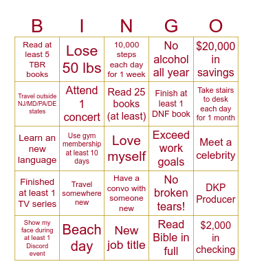 2025 Goals Bingo Card
