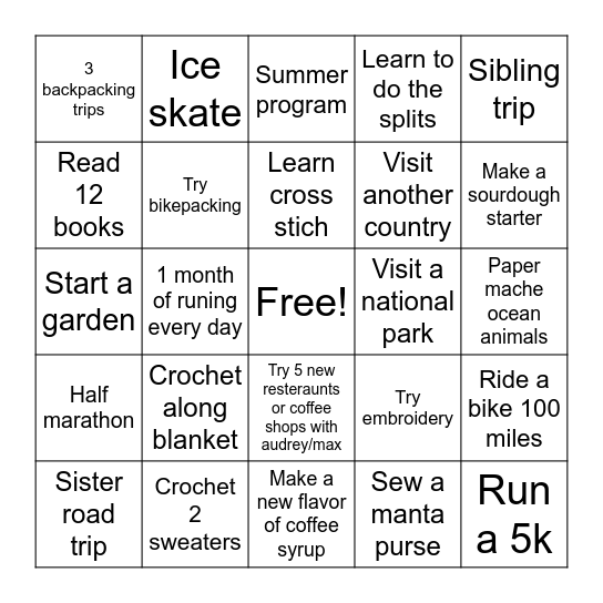 2025 Goals Bingo Card