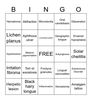 Oral Pathology Bingo Card