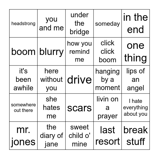 Dad Rock Bingo Card
