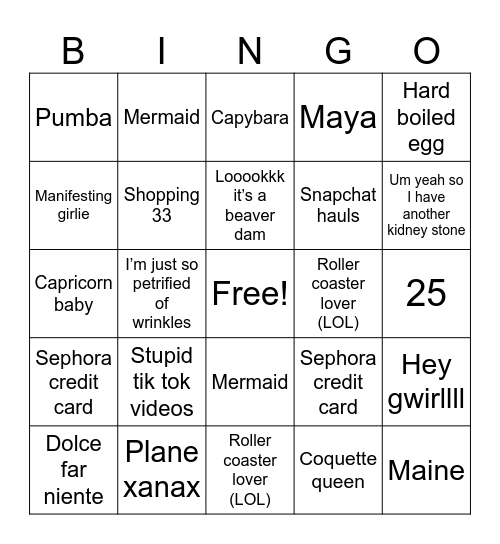 Emily's 25th Birthday Bingo Card