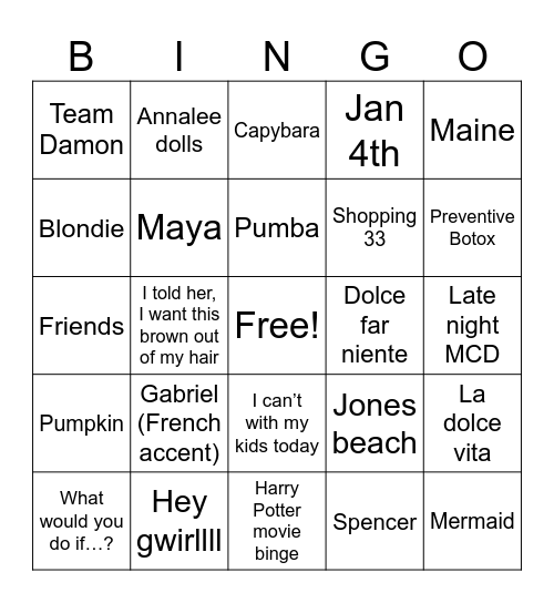 Emily's 25th Birthday Bingo Card