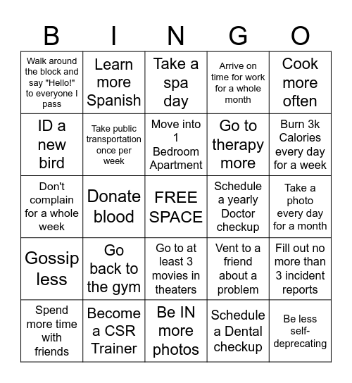 New Year’s Resolution Bingo Card