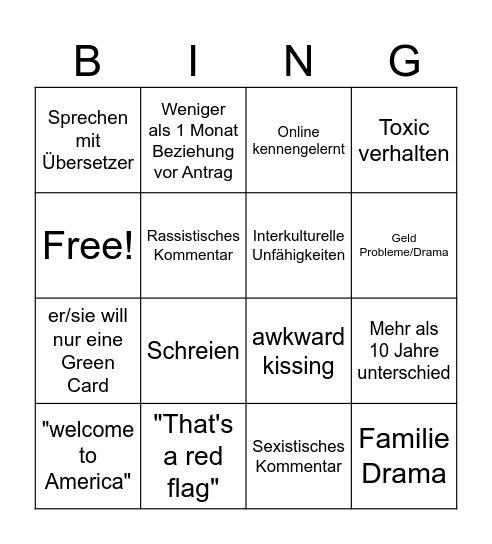 90 Day's Fiancé Bingo Card