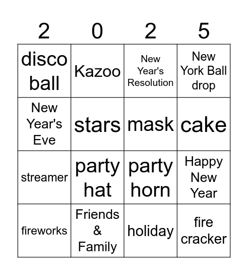 Kids New Year's Day Bingo Card