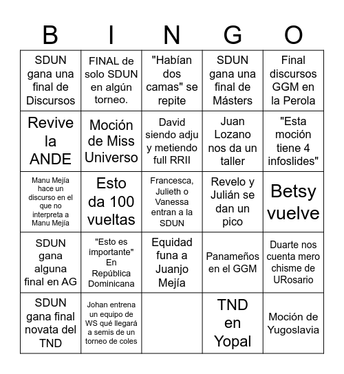 Bingo SDUN 2025 Bingo Card