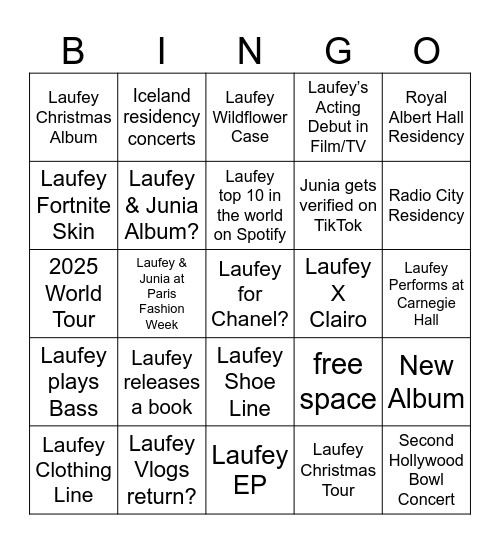 Laufey 2025 Bingo Card