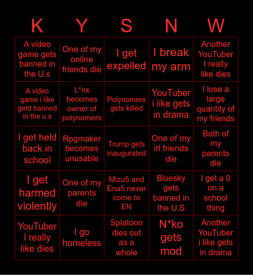 Suicide Bingo Card