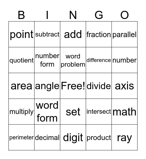 Math Vocabulary Bingo Card