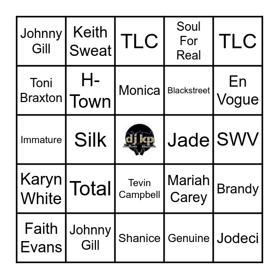 90s R&B Music Bingo with Dj KP Bingo Card