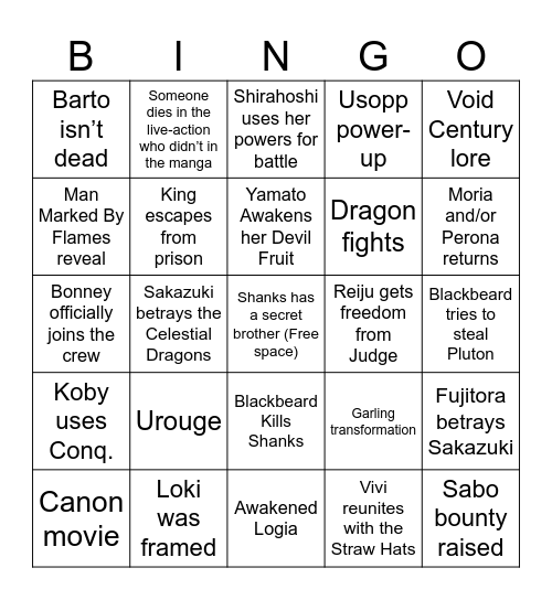 One Piece 2025 Bingo Card