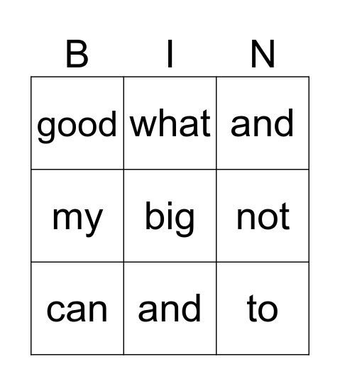 Sight words Bingo Card