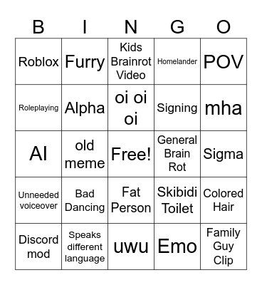 Cringe Bingo Card