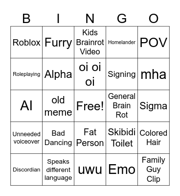 Cringe Tiktok/Youtube shorts Bingo Card