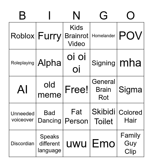 Cringe Tiktok/Youtube shorts Bingo Card