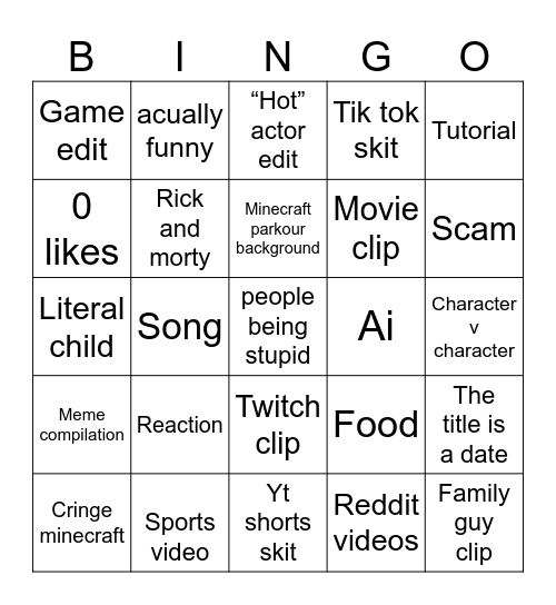 YouTube shorts Bingo Card