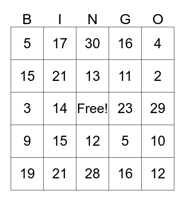 Numeros 0-30 Bingo Card