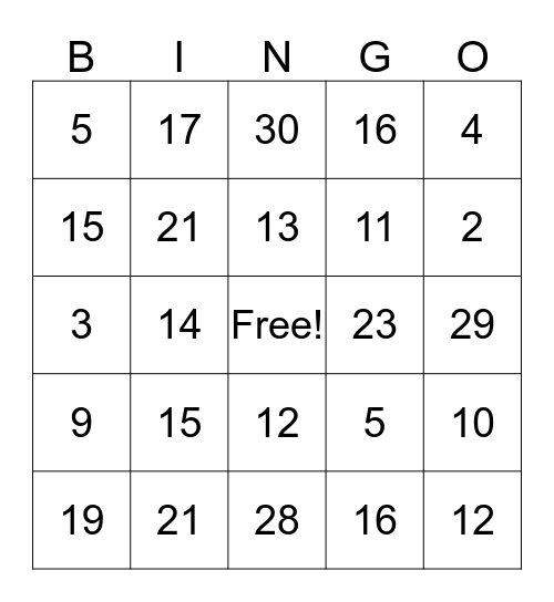 Numeros 0-30 Bingo Card