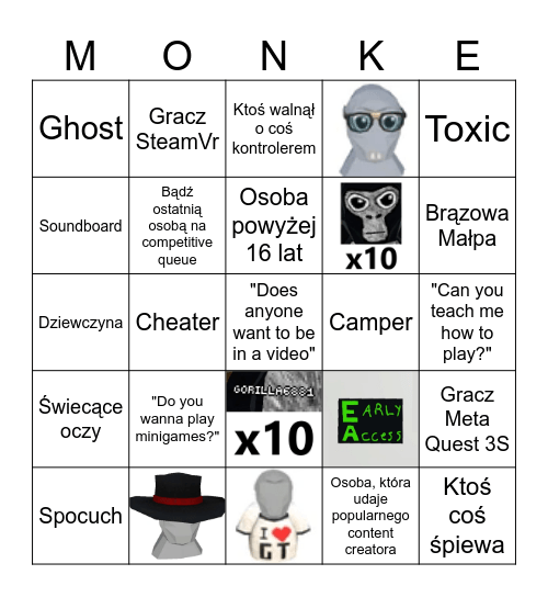 Gorilla Tag Bingo (Polskie) Bingo Card