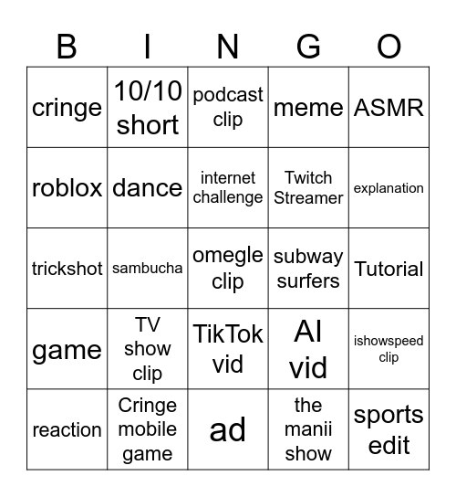 YouTube shorts bingo Card