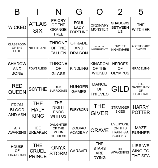 2025 Reading Goals Bingo Card