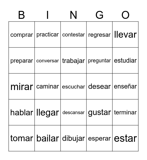 AR VERBS Bingo Card
