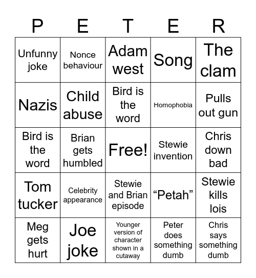 Family guy bingo Card