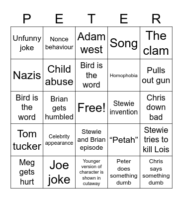 Family guy bingo Card