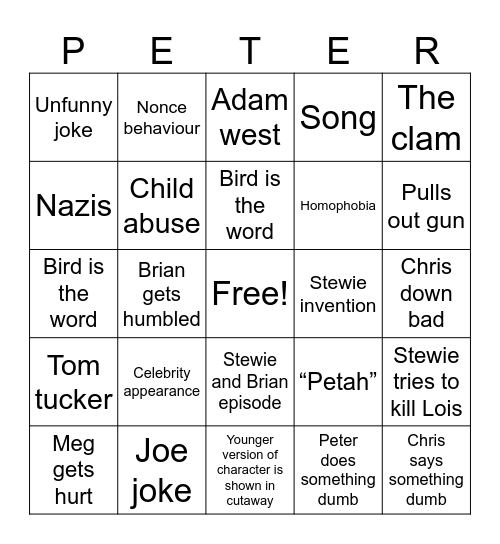 Family guy bingo Card