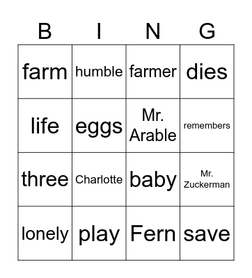 Charlotte's Web Bingo Card