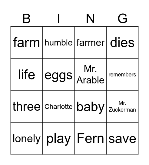 Charlotte's Web Bingo Card