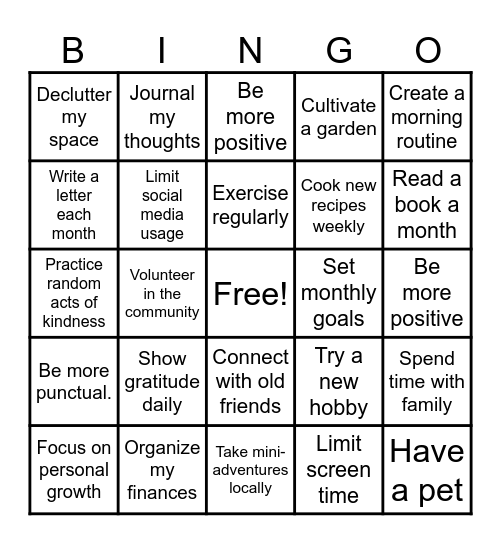 My New Years Resolution Bingo Card